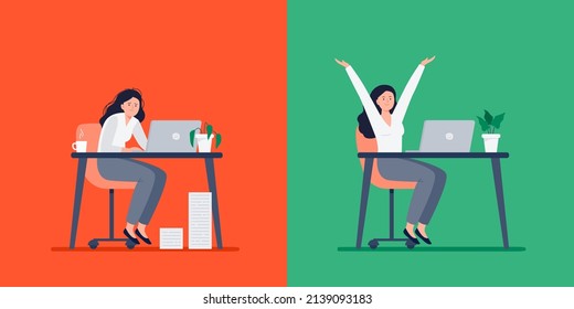 Comparación de energía baja y alta. Una mujer de negocios en un estado cansado y energético. Una mujer feliz exitosa haciendo su trabajo. Frustradas trabajadoras se sienten abrumadas. Ilustración plana vectorial.