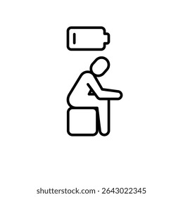 Low energy icon outline style. A person sitting with slumped posture under low battery symbol representing physical exhaustion, burnout, or fatigue. Thin line symbol vector.