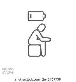 Estilo de contorno do ícone de baixa energia. Uma pessoa sentada com postura de queda sob o símbolo de bateria fraca representando exaustão física, esgotamento ou fadiga. Vetor de símbolo de linha fina. Traçado editável