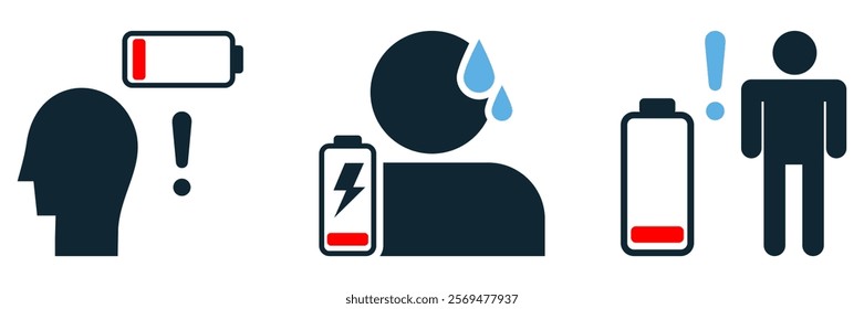 Low energy icon vector, human fatigue and exhaustion concept, tiredness and burnout, battery draining, mental and physical fatigue illustration vector design for health and lifestyle icon