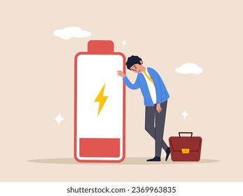 Low energy or motivation concept. Exhausted and fatigue from hard work, stressed or anxiety from unhealthy work or depression and burnout, fatigue and tired businessman stand with low battery sign.