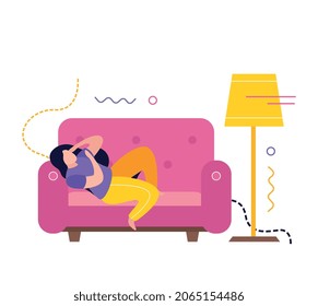 Low energy people composition with character of exhausted woman lying on sofa vector illustration