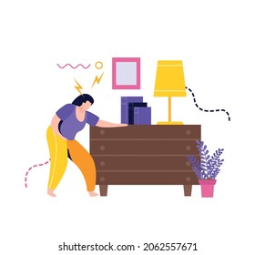 Low energy people composition with female character bolt symbols and interior elements vector illustration