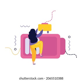 Low energy people composition with female character plugging battery vector illustration