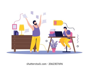 Low energy people composition with male characters of workers with low battery and sheets in air vector illustration