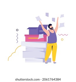 Low energy people composition with man throwing papers in the air vector illustration