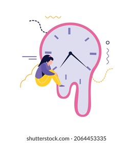 Composición de personas de baja energía con mujer sentada e ilustración vectorial de reloj de pared difusa
