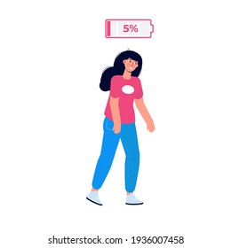 Low of energy and tired businesswoman with  uncharged battery flat style concept.  Vector illustration