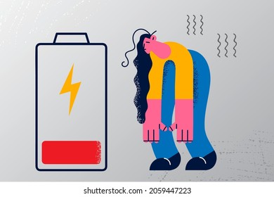 Low energy and tiredness concept. Young sad depressed tired woman walking with hands down feeling totally exhausted with battery low vector illustration