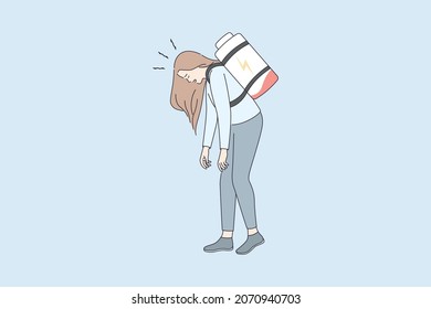 Low Energy And Tiredness Concept. Young Stressed Tired Woman Standing With Low Battery As Backpack On Back Feeling Down Vector Illustration 