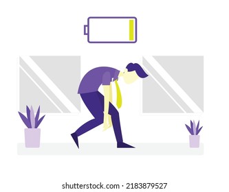 Low energy and tiredness concept. Young stressed tired man standing with low battery as backpack on back feeling down vector illustration