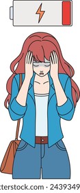 Low energy and tiredness concept. Young stressed tired woman standing raised her hands to hold her head, with low battery feeling down vector illustration