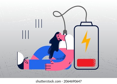 Low Energy And Total Exhaustion Concept. Young Sad Depressed Tired Woman Office Worker Standing With Hands Down Feeling Totally Exhausted With Battery Low Vector Illustration 