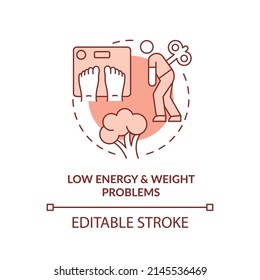 Low energy and weight problems red concept icon. Plant based nutrition. Side effect abstract idea thin line illustration. Isolated outline drawing. Editable stroke. Arial, Myriad Pro-Bold fonts used