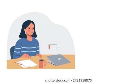 Ilustración de concepto de fatiga de trabajo y baja energía con mujer cansada en la computadora portátil. Ilustración vectorial plana