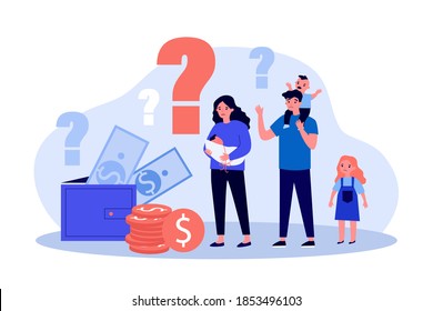 Low family budget. Sad parents and kids looking at wallet and cash with questions flat vector illustration. Finance, financial problems concept for banner, website design or landing web page