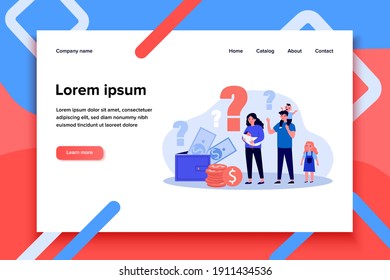 Low family budget. Sad parents and kids looking at wallet and cash with questions flat vector illustration. Finance, financial problems concept for banner, website design or landing web page