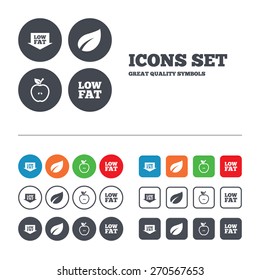 Low fat arrow icons. Diets and vegetarian food signs. Apple with leaf symbol. Web buttons set. Circles and squares templates. Vector