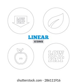 Low fat arrow icons. Diets and vegetarian food signs. Apple with leaf symbol. Linear outline web icons. Vector