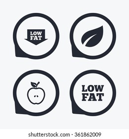 Low Fat Arrow Icons. Diets And Vegetarian Food Signs. Apple With Leaf Symbol. Flat Icon Pointers.