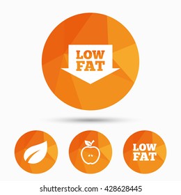 Low fat arrow icons. Diets and vegetarian food signs. Apple with leaf symbol. Triangular low poly buttons with shadow. Vector