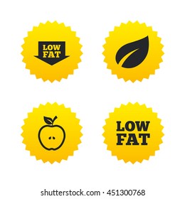 Low fat arrow icons. Diets and vegetarian food signs. Apple with leaf symbol. Yellow stars labels with flat icons. Vector