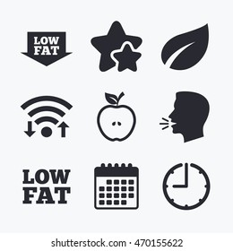 Low fat arrow icons. Diets and vegetarian food signs. Apple with leaf symbol. Wifi internet, favorite stars, calendar and clock. Talking head. Vector