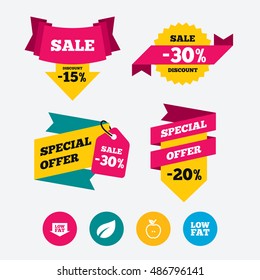 Low fat arrow icons. Diets and vegetarian food signs. Apple with leaf symbol. Web stickers, banners and labels. Sale discount tags. Special offer signs. Vector
