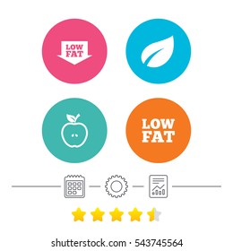 Low fat arrow icons. Diets and vegetarian food signs. Apple with leaf symbol. Calendar, cogwheel and report linear icons. Star vote ranking. Vector