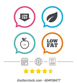 Low Fat Arrow Icons. Diets And Vegetarian Food Signs. Apple With Leaf Symbol. Calendar, Internet Globe And Report Linear Icons. Star Vote Ranking. Vector