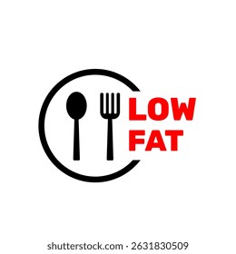 Low fat badge symbol vector template with spoon and fork icon printable for your bussiness with red arrow element. Sticker label for food