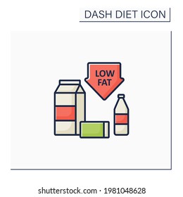 Low fat color icon. Skim or fat-free milk. Low-fat varieties of yogurt, cottage cheese. Protein sources, minerals, and B vitamins.Dash diet concept. Isolated vector illustration