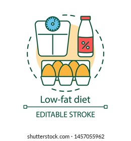 Low fat diet concept icon. Vegetarian nutrition idea thin line illustration. Healthy food, vegan lifestyle. Skimmed milk, raw eggs and weight scales vector isolated outline drawing. Editable stroke