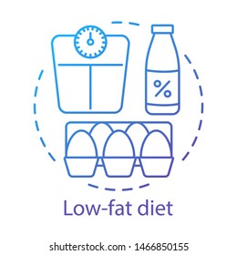 Low fat diet, vegetarian nutrition concept icon. Vegan lifestyle idea thin line illustration. Healthy food, natural products. Skimmed milk, raw eggs and weight scales vector isolated outline drawing