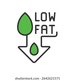 Low fat, icon in line design, green. Low-fat, diet, healthy, nutrition, fat-free, food, label on white background vector. Low fat, editable stroke icon