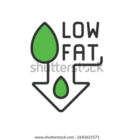 Low fat, icon in line design, green. Low-fat, diet, healthy, nutrition, fat-free, food, label on white background vector. Low fat, editable stroke icon