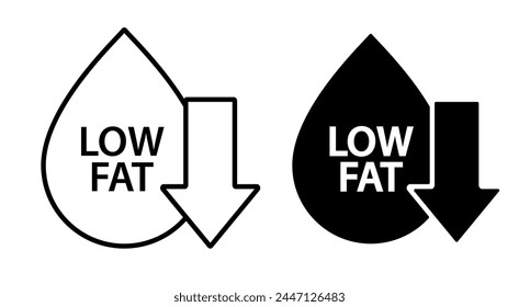 Low fat icon. Trans fats free symbol. Droplet with arrow down sign. Low cholesterol sign. Healthy nourishment vector illustration isolated.