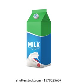 Low Fat Organic Farm Milk Packaging Carton Design Mock-up. Beverage Product Pure Vector Illustration For Ads And Product Desing