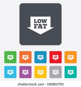 Low Fat Sign Icon. Salt, Sugar Food Symbol With Arrow. Rounded Squares 11 Buttons. Vector