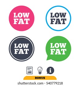 Low fat sign icon. Salt, sugar food symbol. Report document, information sign and light bulb icons. Vector