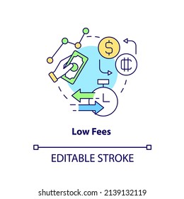 Icono de concepto de tarifas bajas. Ilustración de línea delgada de idea abstracta de beneficios competitivos de criptodivisa. Suma asequible. Dibujo de contorno aislado. Trazo editable. Fuentes Arial, Myriad Pro-Bold utilizadas