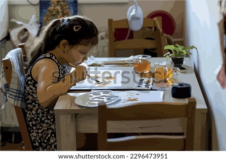 Low fidelity vector illustration. Lower color palette range. Little girl sitting at the dining table. Little girl painting with water colors. Art, painting, fun, training, skills.