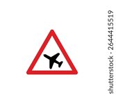 Low flying aircraft likely ahead triangle road sign isolated on white background. Reflective traffic sign symbol modern, simple, vector, icon for website design, mobile app, ui. Vector Illustration