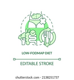 Low FODMAP Diet Green Concept Icon. Carbohydrates Restricted. Trendy Diets Abstract Idea Thin Line Illustration. Isolated Outline Drawing. Editable Stroke. Arial, Myriad Pro-Bold Fonts Used