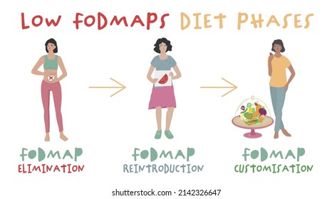 Low FODMAPS diet phases. Fodmaps are hard to digest carbohydrates and sugars. Healthy nutrition infographics. Irritable Bowel Syndrome. Digestive problems causes. Landscape poster. Vector illustration