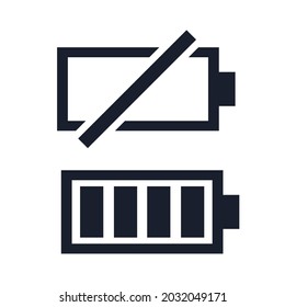 Juego de iconos negros de batería baja y completa. Batería de alimentación, símbolo del acumulador. Símbolos de conciencia para el concepto de dispositivos digitales.