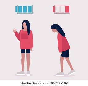 Low and full energy concept. Positive and sad woman. Colorful flat vector illustration.