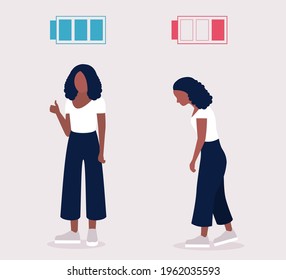 Low and full energy concept. Positive and sad woman. Colorful flat vector illustration.