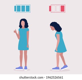 Low and full energy concept. Positive and sad woman. Colorful flat vector illustration.