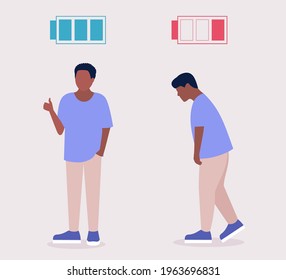 Concepto de energía baja y completa. Hombre positivo y triste. Ilustración de vector plana colorida.